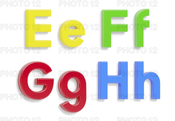 Colorful angled uppercase and lowercase magnetic plastic letters E through H with drop shadows isolated on a white background