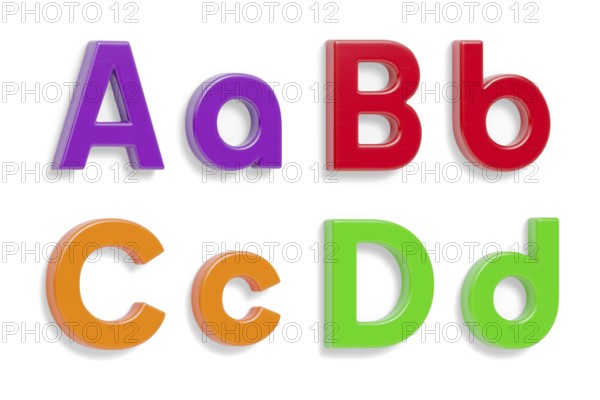 Colorful angled uppercase and lowercase magnetic plastic letters A through D with drop shadows isolated on a white background