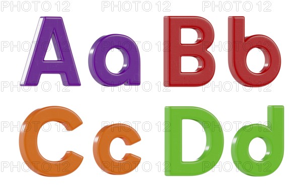 Colorful angled uppercase and lowercase magnetic plastic letters A through D isolated on a white background