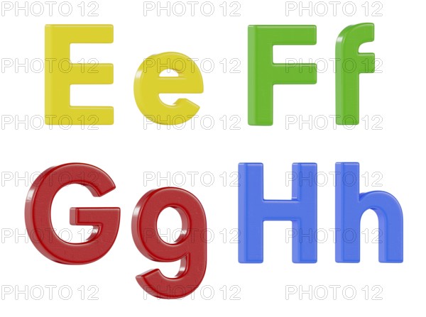 Colorful angled uppercase and lowercase magnetic plastic letters E through H isolated on a white background