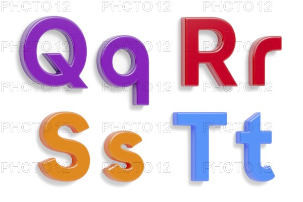 Colorful angled uppercase and lowercase magnetic plastic letters Q through T with drop shadows isolated on a white background