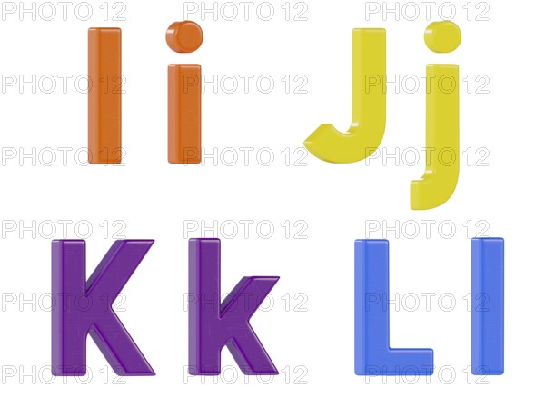 Colorful angled uppercase and lowercase magnetic plastic letters I through L isolated on a white background