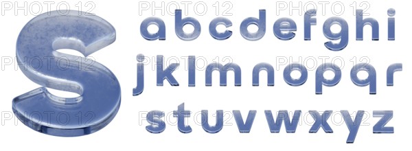 Ice or glass letters of full lowercase alphabet on a white background