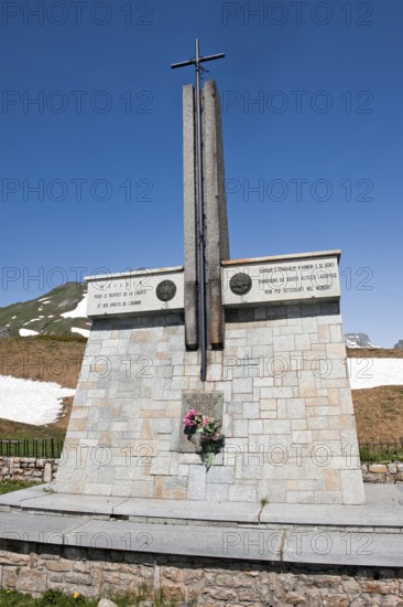 Memorial erected next to the Alpine Pass border pass Little St. Bernard for the people from France and Italy deported to concentration camps by the German occupying forces during World War II, with an urn containing ashes from the Natzweiler-Struthof concentration camp, Little St. Bernard Pass, Col du Petit St. Saint Bernard, Haute-Tarantaise, Savoy, France