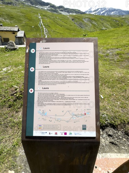 Information board on prehistoric and ancient pass crossings of the Little St. Bernard border pass, Aosta Valley region, Italy
