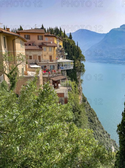 View of Terrazza del Brivido from Hotel Paradiso on high cliffs on the western shore of Lake Garda Lago di Garda, Tremosine sul Garda, Lombardy, Italy
