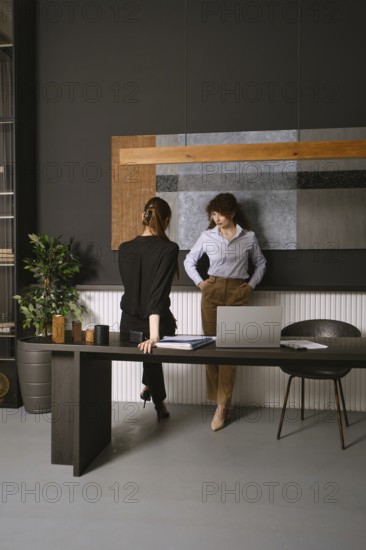 Two women discussing work in a modern office space with elegant decor and stylish furnishings