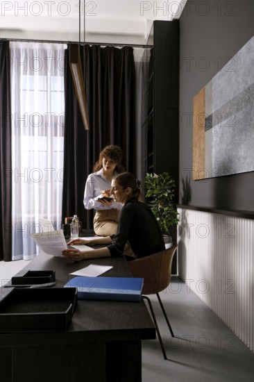 In a contemporary office, two women engage in a productive discussion while reviewing documents. Natural light filters through large windows, creating an inspiring atmosphere for collaboration