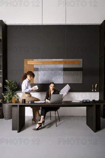 Two women engage in a productive discussion in a stylish office. One woman sits at a laptop, while the other stands, holding documents. The room features contemporary decor and a sleek design