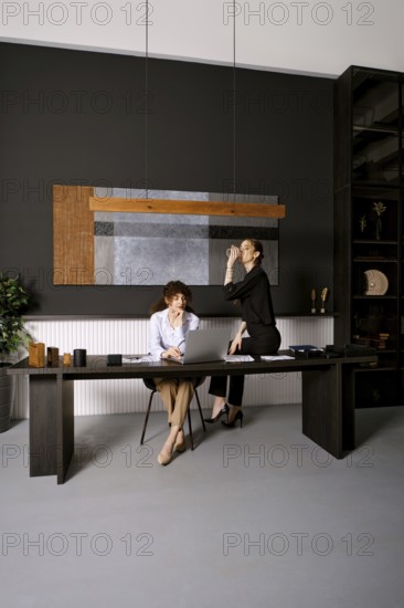 Two women engage in a productive meeting in a sleek office environment. One is seated at a desk, working on a laptop, while the other stands nearby and drinks water