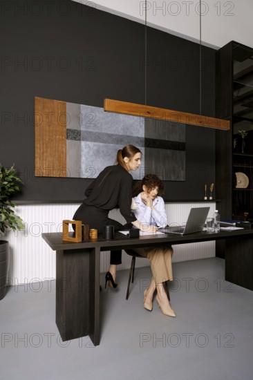 Two women are engaged in a collaborative work session in a stylish office environment. One woman stands behind the other, assisting her as they focus on a laptop