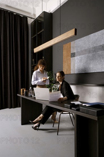 Two businesswomen are engaged in a discussion at a sleek office desk. One is seated while reviewing documents, and the other stands nearby, taking notes