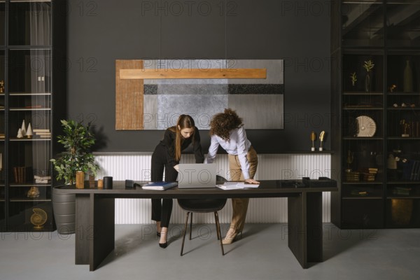 Two business professionals are engaged in a collaborative discussion around a laptop at a sleek black desk. The office features a contemporary design with stylish decor elements