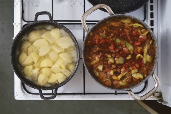 Boiling chunks of potatoes in one pot while a rich vegetable stew simmers in another. The stovetop set-up showcases a home-cooked meal preparation, highlighting vibrant colors and fresh ingredients