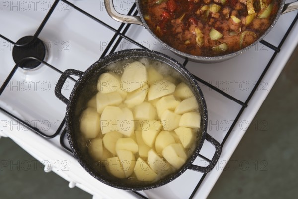 Potatoes are boiling in a pot on the stove while a stew simmers in another pot nearby. The warm colors of the kitchen create a homey atmosphere as the food prepares for a meal