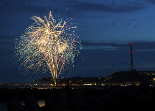 Brilliant, atmospheric fireworks display for the Heligoland island festival in red, green and gold, nocturnal lowlands with inland harbour, jetty and lobster shacks, on the right the uplands with transmission tower, transmitter, in front the groynes of the dune, reflecting water of the North Sea, night sky at the island festival in summer, symbolic image also for New Year's Eve, New Year's Eve fireworks, bright, colourful, many colourful traces of light, sparks, lively glitter, night, island of Heligoland, Schleswig-Holstein, Germany