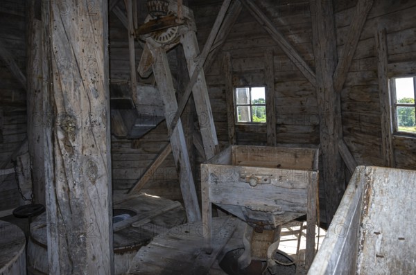 Interior view of a historic windmill near the burial ground of Stenhusbacken and the village of Sunnersberg near Lidköping, Västergötland, Västra Götalands län, Sweden