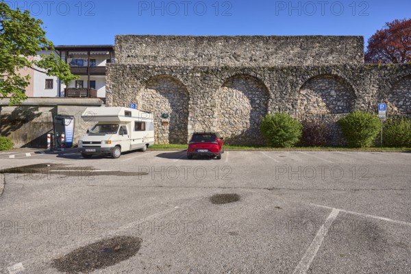 City wall, city fortification, car park, caravan, trees, lawn, blue sky, cloudless, Forstamtstraße, Bad Reichenhall, Berchtesgadener Land district, Bavaria, Germany