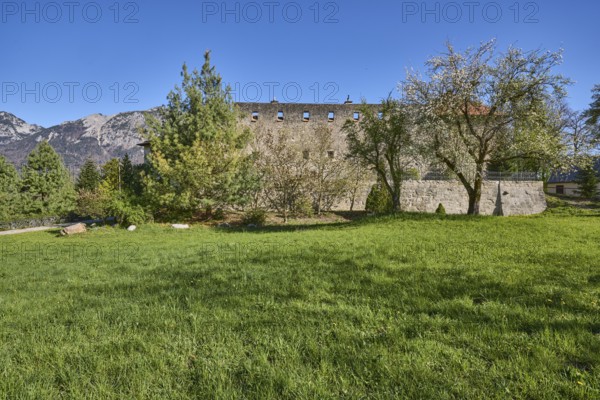 Gruttenstein Castle, lawn, trees, mountains, mountain landscape, blue sky, cloudless, Bad Reichenhall, Berchtesgadener Land district, Bavaria, Germany