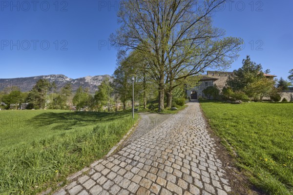 Castle Gruttenstein, mountains, footpath, cobblestones, lantern, entrance, trees, lawn, blue sky, cloudless, Pfannhauserweg, Bad Reichenhall, district Berchtesgadener Land, Bavaria, Germany