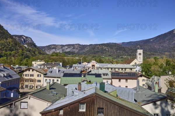 Long shot, historic old town, bird's eye view, historic buildings, church, St. Nicholas, trees, mountain landscape, mountains, forest, blue sky, cirrostratus clouds, Bad Reichenhall, Berchtesgadener Land district, Bavaria, Germany