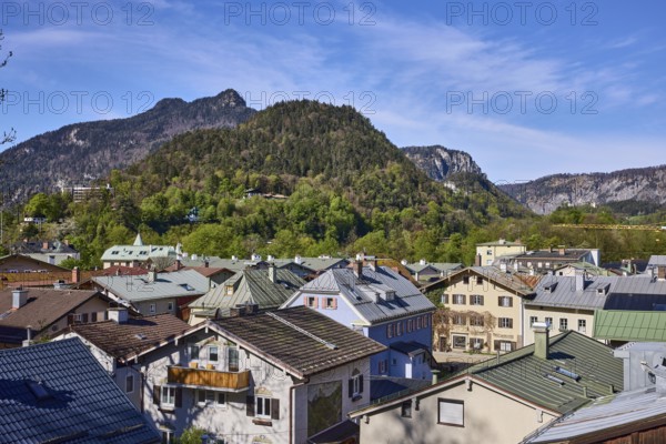 Long shot, historic old town, bird's eye view, mountain landscape, landscape photography, mountains, forest, historic buildings, trees, blue sky, cirrostratus clouds, Bad Reichenhall, Berchtesgadener Land district, Bavaria, Germany