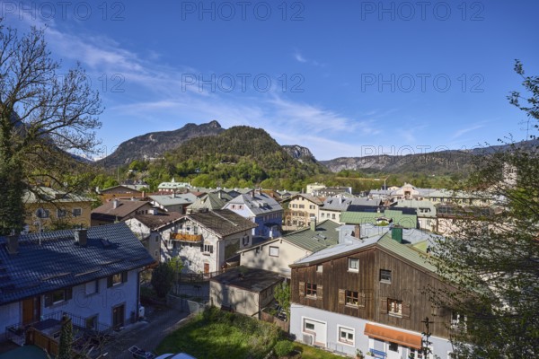 Long shot, historic old town, bird's eye view, historic buildings, trees, mountain landscape, mountains, forest, blue sky, cirrostratus clouds, Bad Reichenhall, Berchtesgadener Land district, Bavaria, Germany