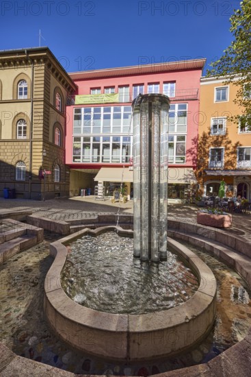 Angererbrunnen, crystal fountain, fountain, pedestrian zone, commercial buildings, buildings, trees, blue sky, cloudless, Poststrasse, Bad Reichenhall, Berchtesgadener Land district, Bavaria, Germany