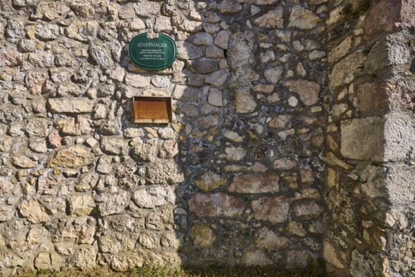 Town wall, town fortification, signpost to the building, sunny, Forstamtstraße, Bad Reichenhall, Berchtesgadener Land district, Bavaria, Germany