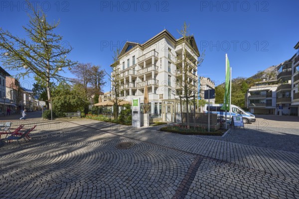 Hotel, ibis Styles, building, pedestrian zone, trees, car park, blue sky, cloudless, Salzburger Straße, Bad Reichenhall, Berchtesgadener Land district, Bavaria, Germany