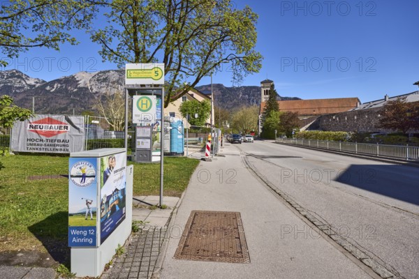 Bus stop Kirchberger Bahnhof - Lattengebirge, general architecture, trees, church, switch box, mountain landscape, mountains, blue sky, cloudless, federal highway 20, Anton-Winkler-Straße, Bad Reichenhall, district Berchtesgadener Land, Bavaria, Germany