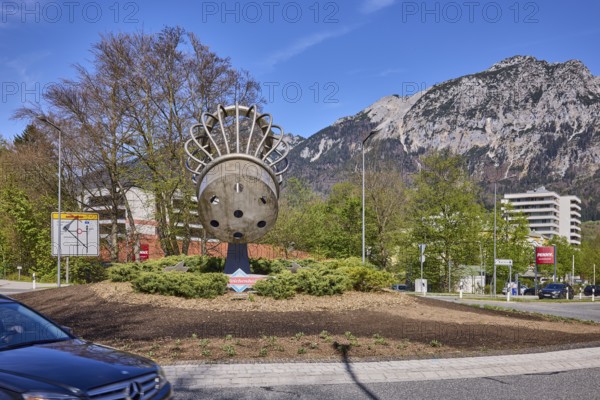 Saltworks roundabout, stainless steel sculpture, salt shaker, trees, lantern, car, mountains, general architecture, blue sky, cirrostratus clouds, roundabout, federal highway 20, Reichenbacher Straße, Bad Reichenhall, district Berchtesgadener Land, Bavaria, Germany