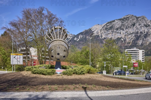 Saltworks roundabout, stainless steel sculpture, salt shaker, trees, lantern, mountains, general architecture, blue sky, cirrostratus clouds, roundabout, federal highway 20, Reichenbacher Straße, Bad Reichenhall, district Berchtesgadener Land, Bavaria, Germany