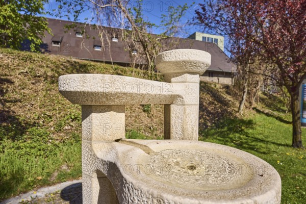 Stone fountain, fountain, trees, meadows, depth of field, blue sky, cloudless, Anton-Winkler-Straße, Bad Reichenhall, Berchtesgadener Land district, Bavaria, Germany