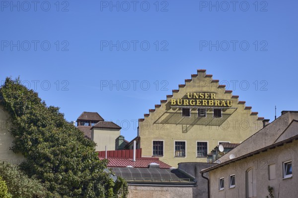 Bürgerbräu Bad Reichenhall August Röhm + Söhne KG, houses, roof, gable, blue sky, cloudless, Bad Reichenhall, district Berchtesgadener Land, Bavaria, Germany