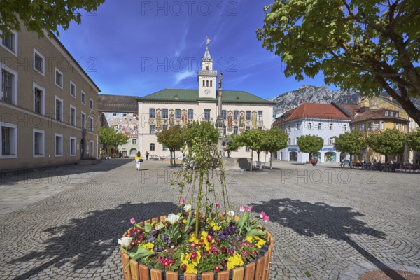 Square, cobblestones, trees, general development, historic town hall, flower pots, mountain landscape, mountains, shadow, blue sky, cirrostratus clouds, town hall square, Bad Reichenhall, district Berchtesgadener Land, Bavaria, Germany
