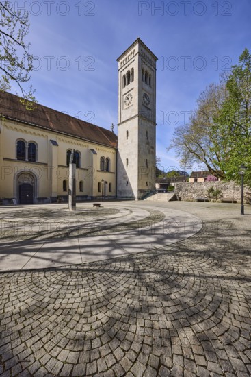 St. Nikolaus, church, trees, square, cobblestones, shadow, blue sky, cloudless, Dompropst-von-Lechner-Platz, Nikolaiweg, Bad Reichenhall, district Berchtesgadener Land, Bavaria, Germany