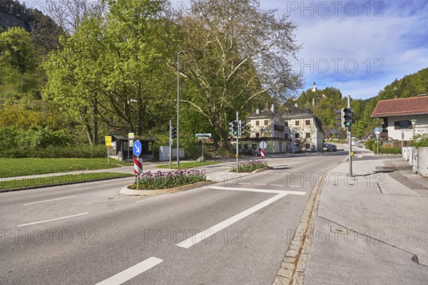 Pedestrian crossing, traffic lights, traffic island, lantern, multi-family houses, trees, flower bed, hill, coniferous forest, blue sky, cumulus clouds, cirrostratus clouds, Thumseestraße, Bad Reichenhall, Berchtesgadener Land district, Bavaria, Germany