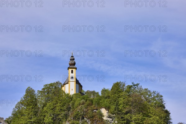 St. Pankraz, Roman Catholic pilgrimage church, Pankrazfelsen, church, mountain landscape, rocks, forest, blue sky, cumulus clouds, cirrostratus clouds, Bad Reichenhall, district Berchtesgadener Land, Bavaria, Germany