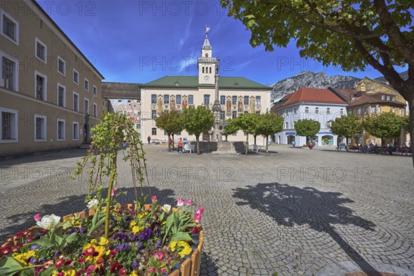Square, cobblestones, trees, general development, Wittelsbacherbrunnen, fountain, historic town hall, flower pots, mountain landscape, mountains, shadow, blue sky, cirrostratus clouds, town hall square, Bad Reichenhall, district Berchtesgadener Land, Bavaria, Germany
