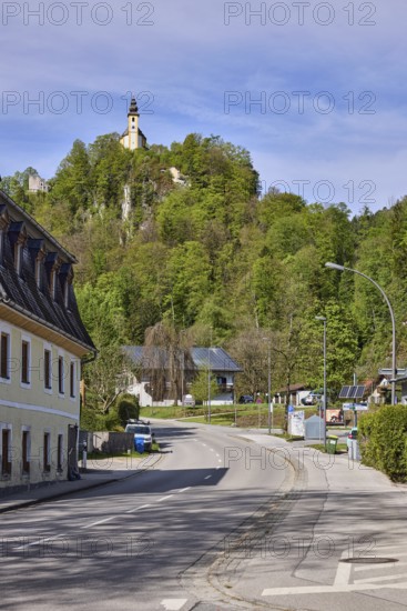 St. Pankraz, Roman Catholic pilgrimage church, church, Pankraz rock, apartment buildings, lantern, rock, forest, blue sky, cumulus clouds, cirrostratus clouds, Thumseestraße, Bad Reichenhall, Berchtesgadener Land district, Bavaria, Germany