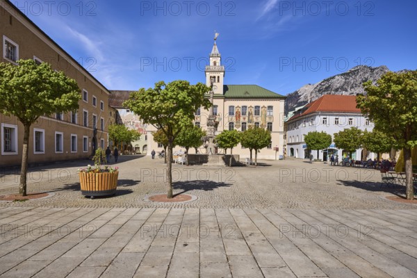Square, historic town hall, general architecture, trees, flower pots, blue sky, cirrostratus clouds, town hall square, Bad Reichenhall, district Berchtesgadener Land, Bavaria, Germany