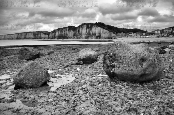 Steep coast, cliffs, coastal landscape, rocks on the beach, pebbles, black and white, behind Yport, chalk cliffs, alabaster coast, La Côte d'Albâtre, Normandy, Seine-Maritime, France