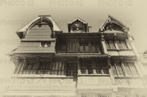 Facade, Hotel Restaurant La Salamandre, black and white, vintage, Étretat, Normandy, Seine-Maritime, France