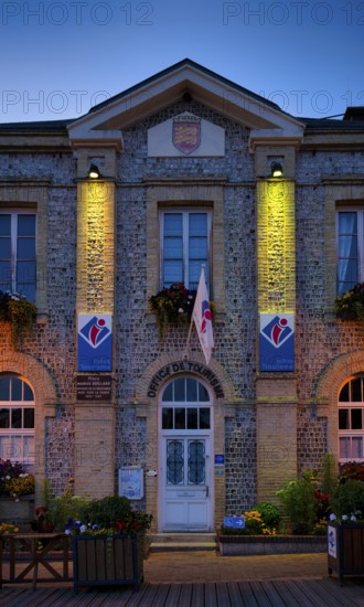 Tourist office, Office de Tourisme, in the town hall, Mairie, blue hour, evening, dusk, Étretat, Normandy, Seine-Maritime, France