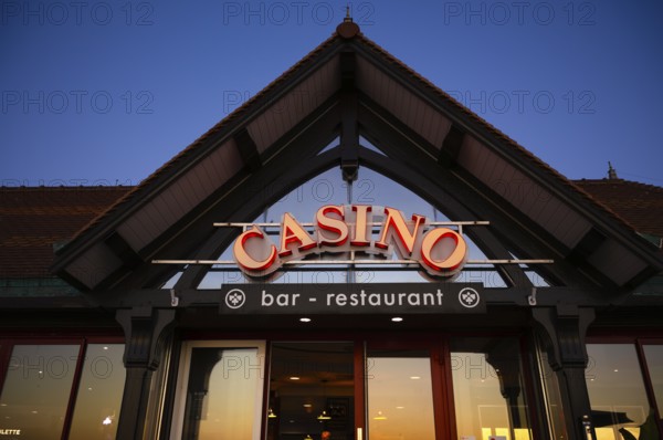 Casino, blue hour, evening, dusk, Étretat, Normandy, Seine-Maritime, France