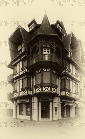 Half-timbered house, black and white, vintage, Étretat, Normandy, Seine-Maritime, France