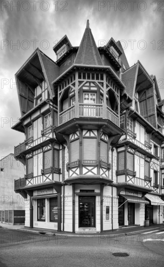 Half-timbered house, black and white, Étretat, Normandy, Seine-Maritime, France
