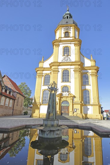 Baroque cruciform church with fountain and reflection, sculpture, water basin, Suhl, Franconia, Thuringia, Germany