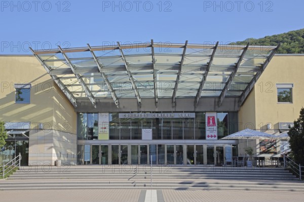 Entrance to the Congress Centrum with vehicle museum, inscription, Congress Centrum, vehicle museum, Suhl, Franconia, Thuringia, Germany
